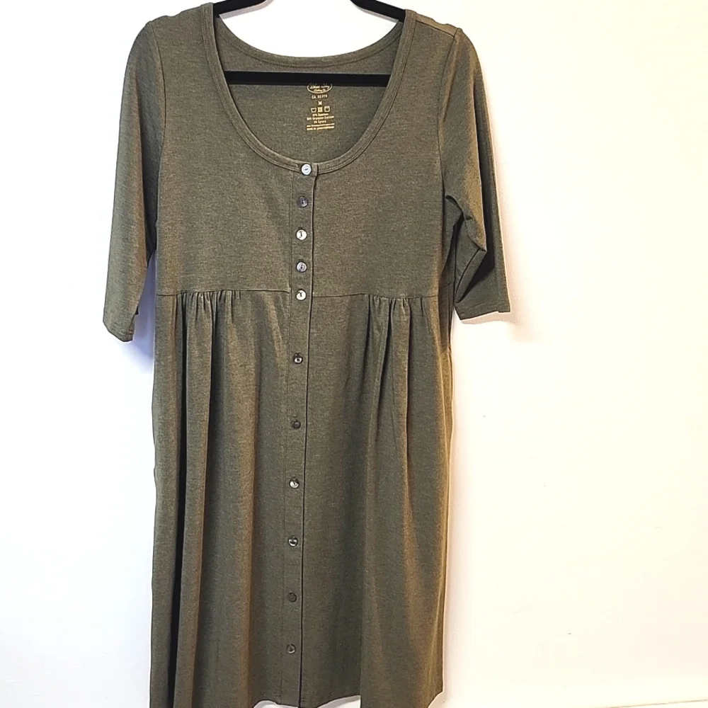 Blue Sky Clothing Co. Nelly 3/4 Sleeve Dress, Yarn Dye Khaki, Bamboo - Picture 3 of 6